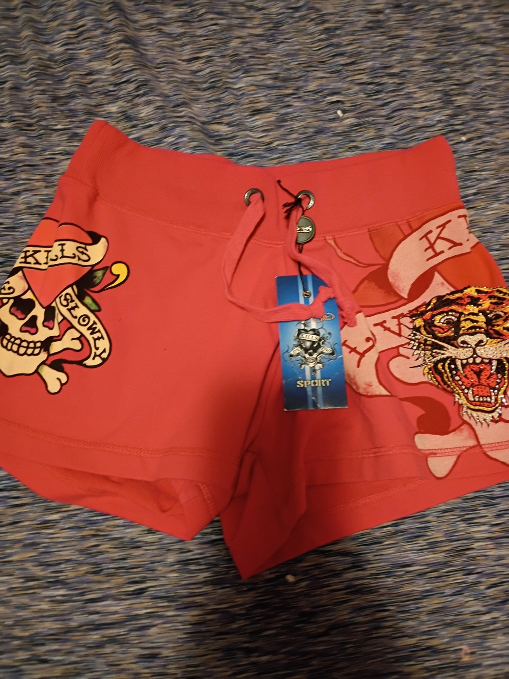 Ed Hardy Drawstring Shorts with Graphic Skull & Tiger